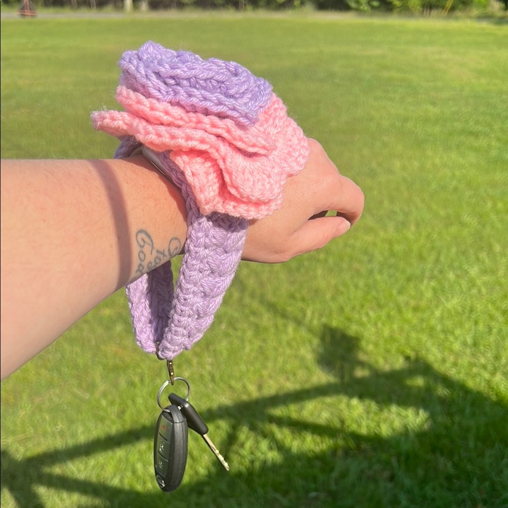 Handmade Rose Pink and Purple Crochet Keychain Bag Charm - Picture 5 of 6